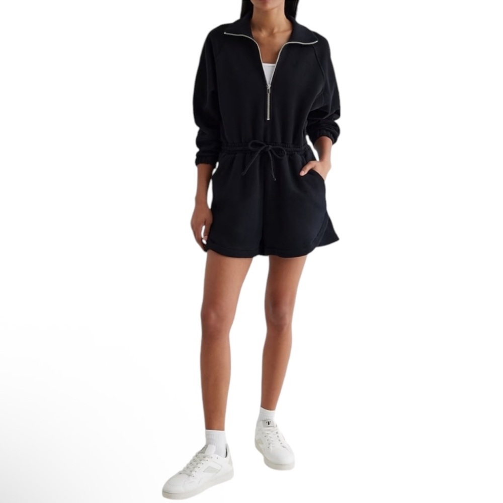 Express Womens Quarter Zip Tie Waist Fleece Romper Size L Black
